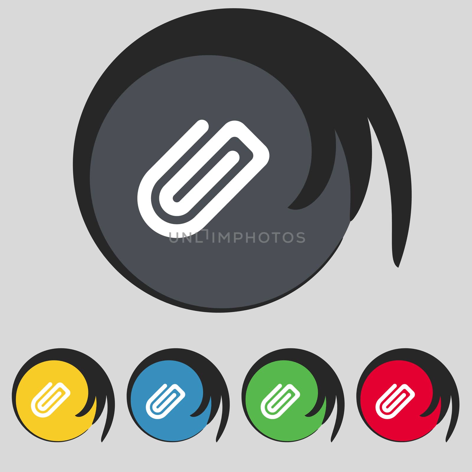 Paper Clip icon sign. Symbol on five colored buttons.  by serhii_lohvyniuk
