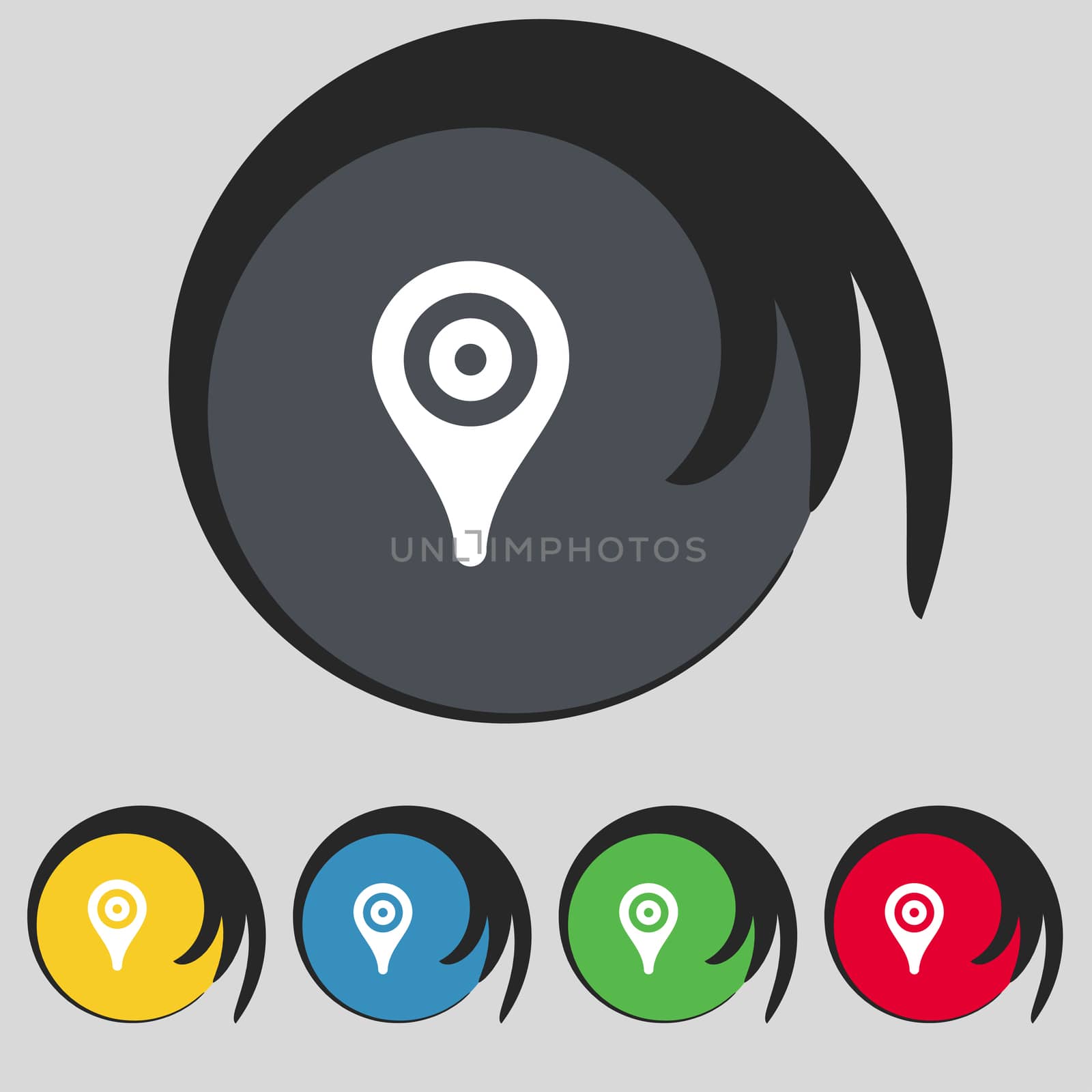 Map pointer, GPS location icon sign. Symbol on five colored buttons.  by serhii_lohvyniuk