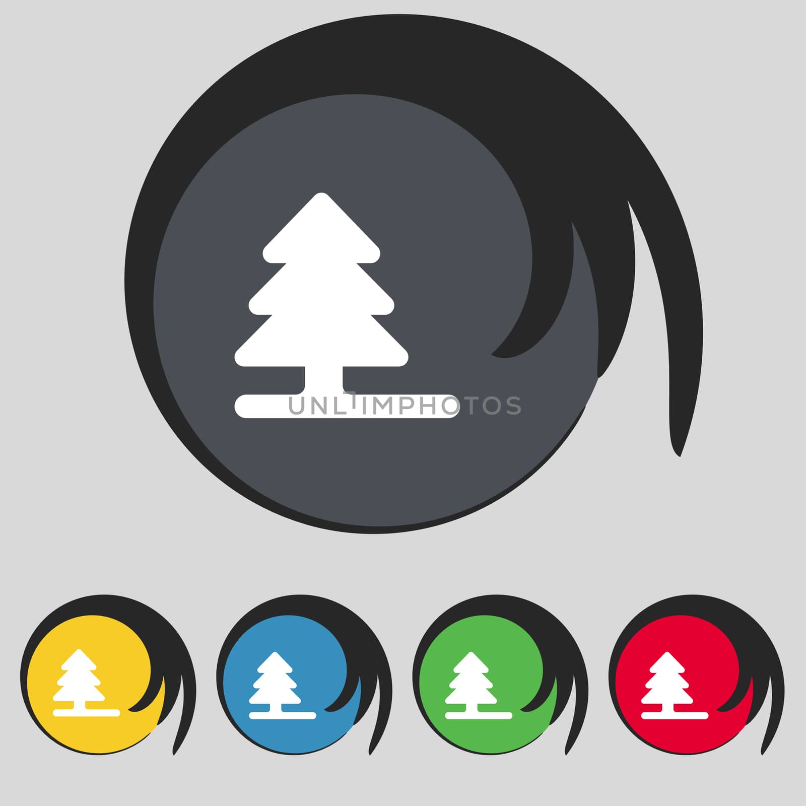 Christmas tree icon sign. Symbol on five colored buttons. illustration