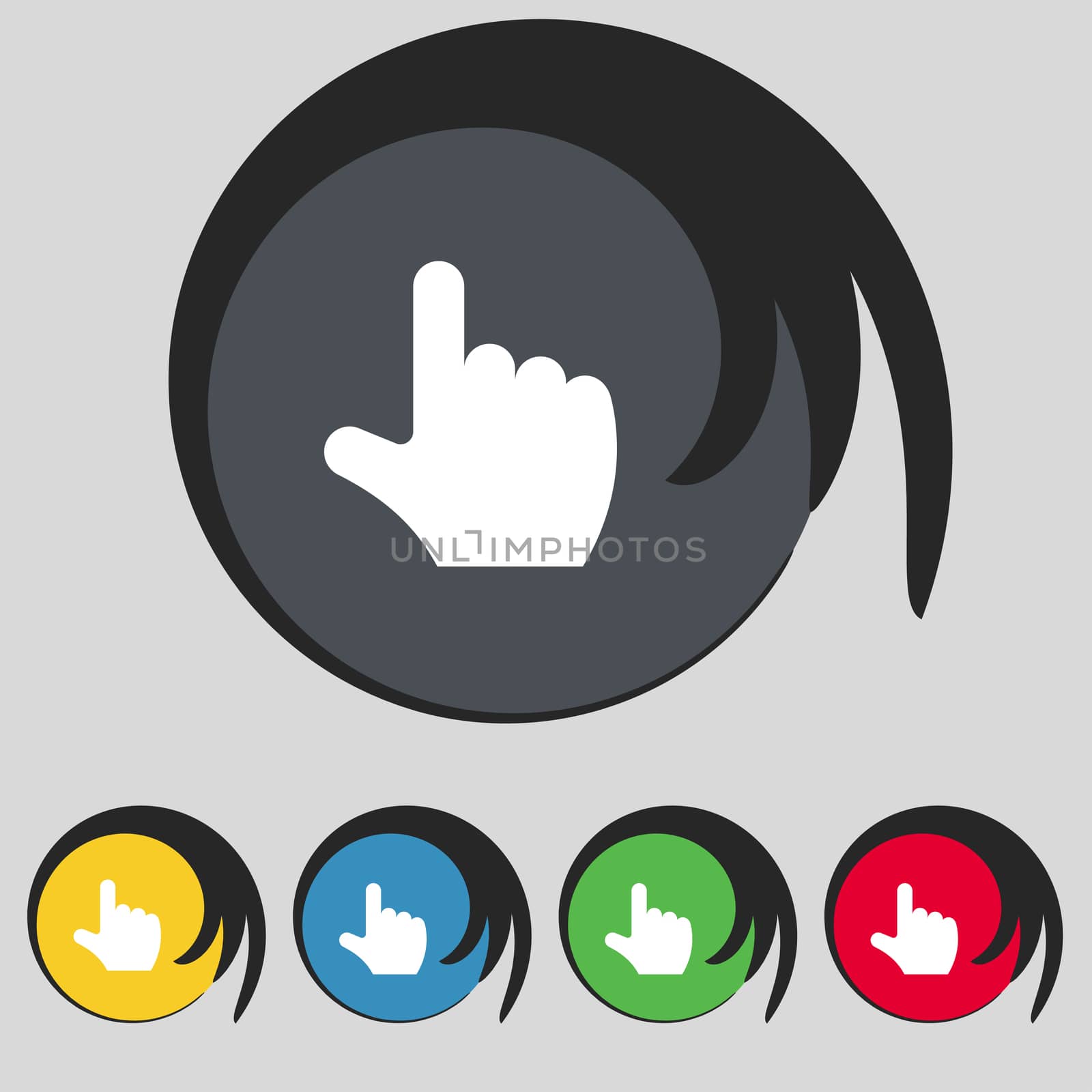pointing hand icon sign. Symbol on five colored buttons.  by serhii_lohvyniuk