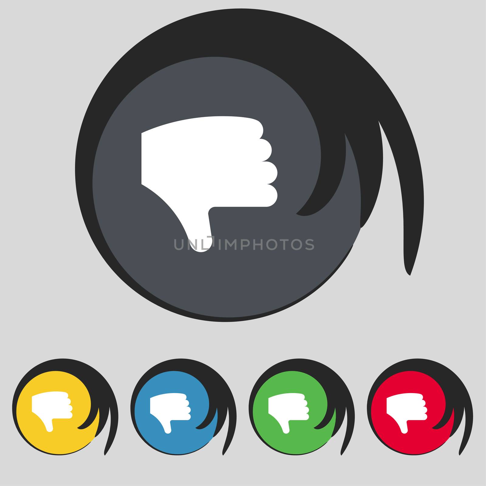 Dislike, Thumb down, Hand finger down icon sign. Symbol on five colored buttons. illustration