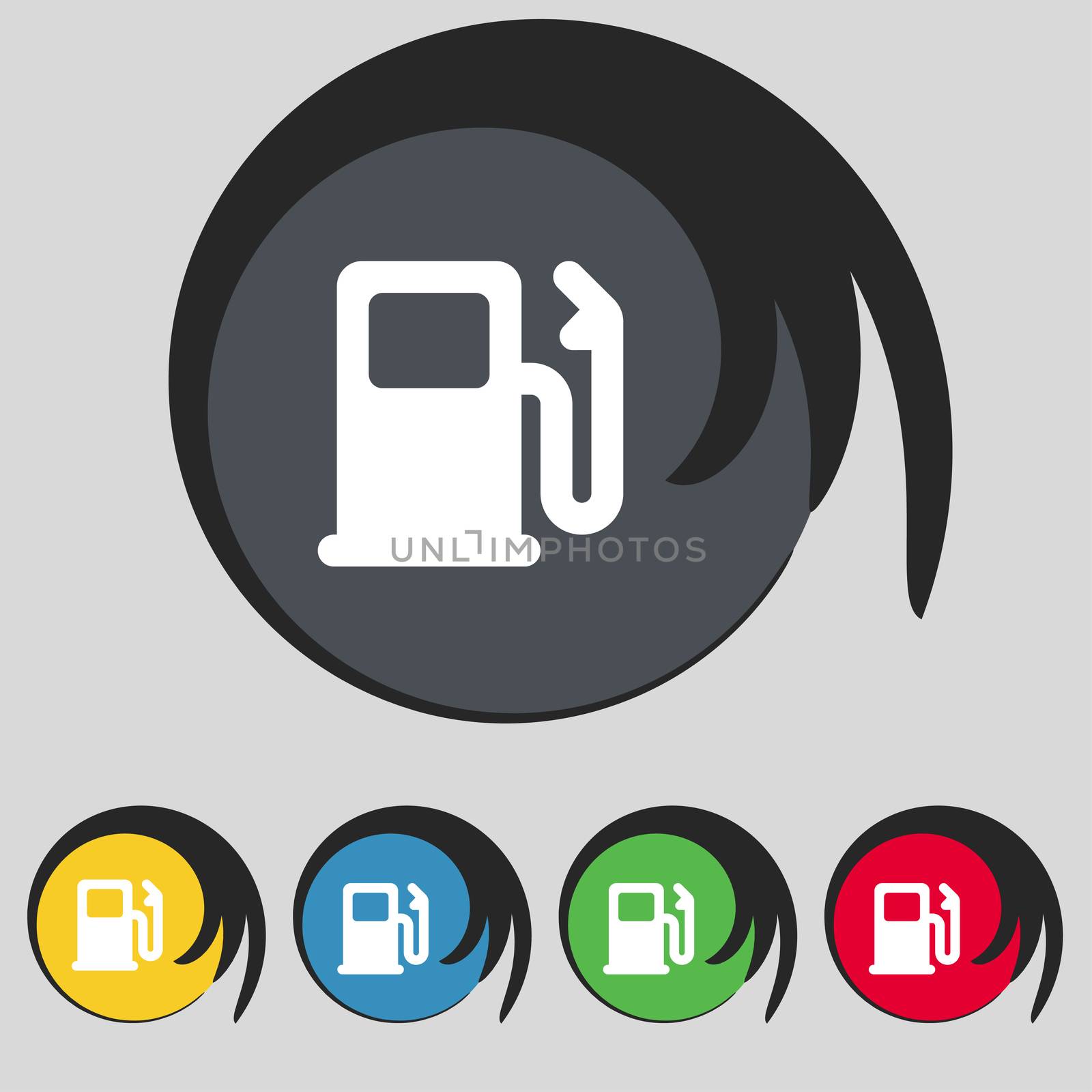 Petrol or Gas station, Car fuel icon sign. Symbol on five colored buttons.  by serhii_lohvyniuk