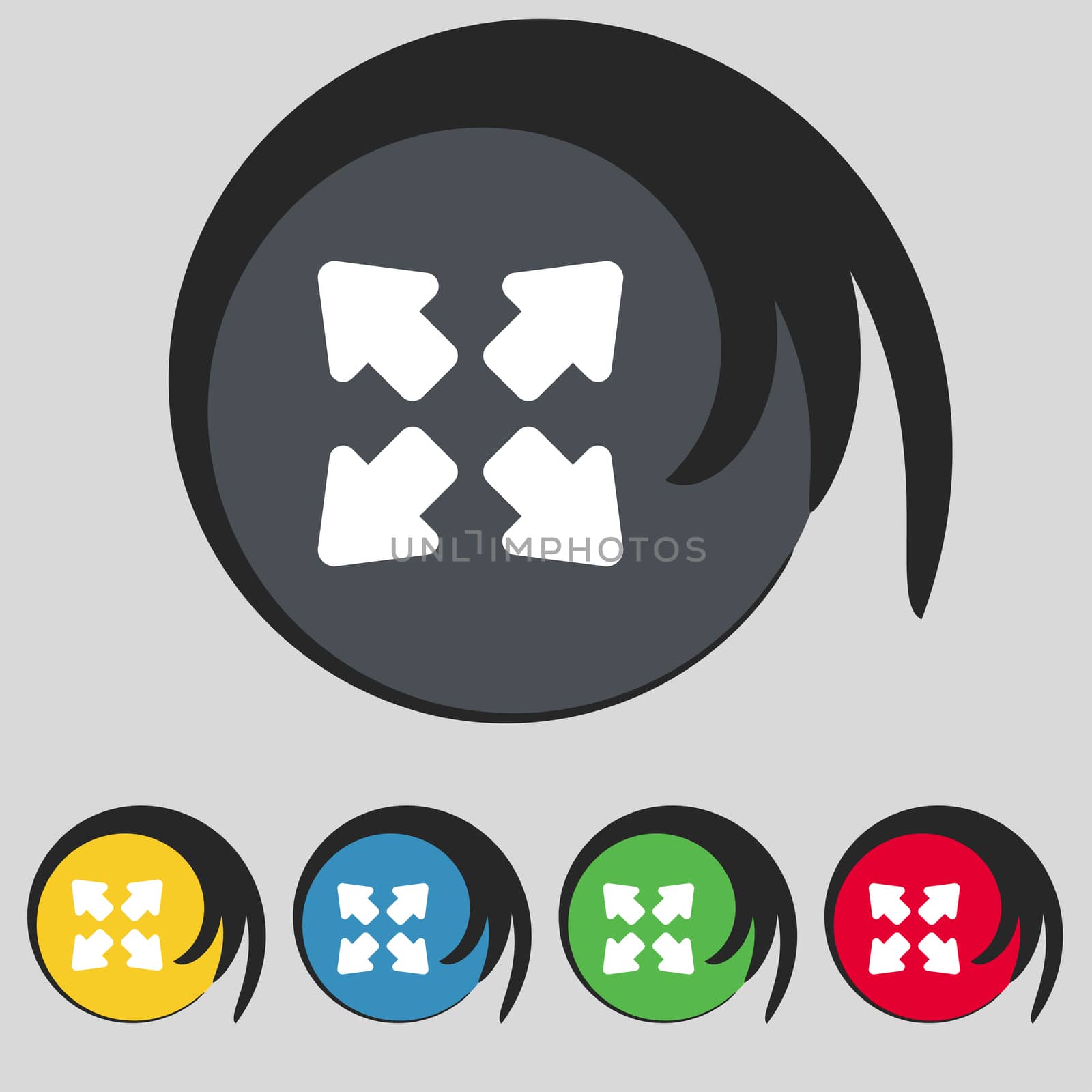 Deploying video, screen size icon sign. Symbol on five colored buttons. illustration