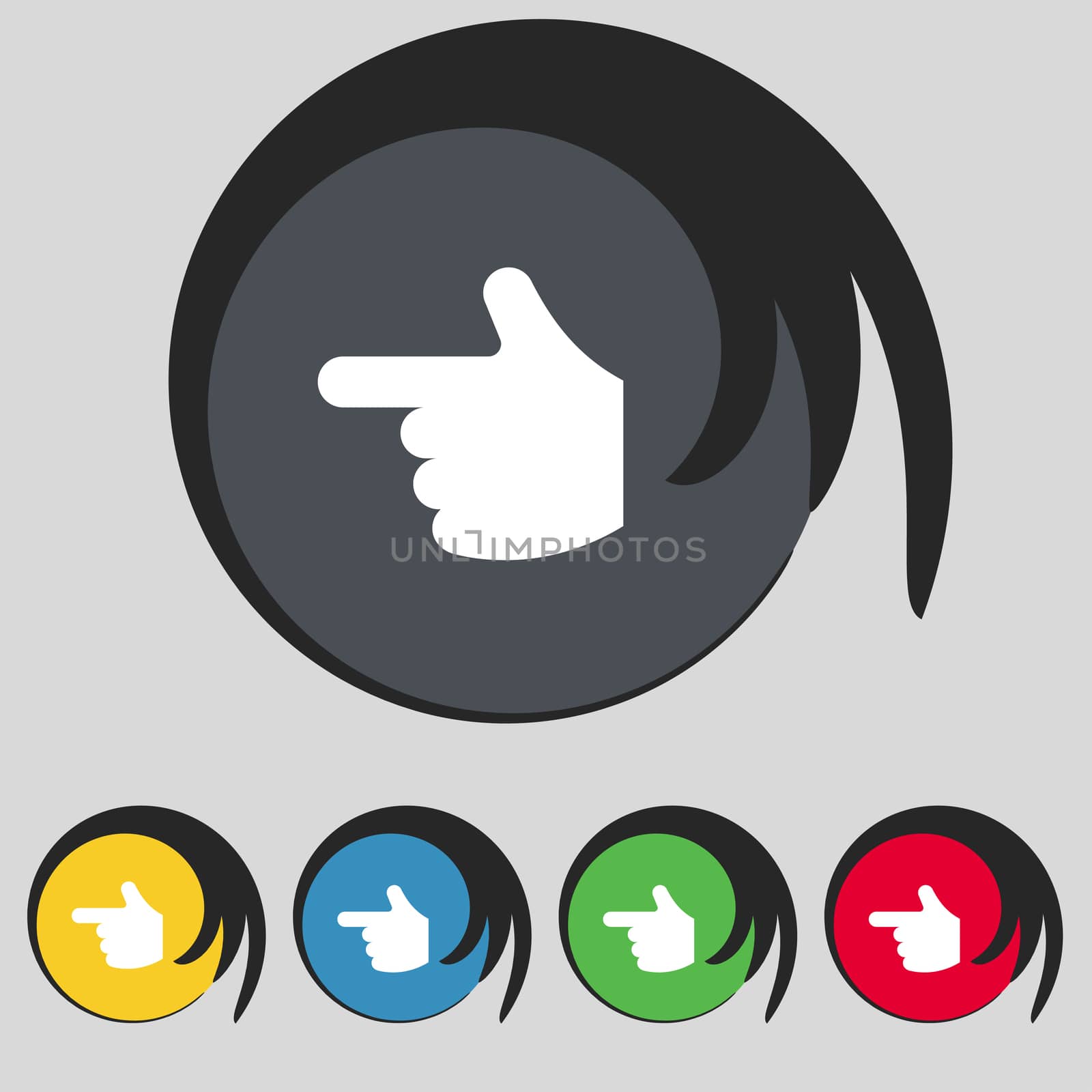 pointing hand icon sign. Symbol on five colored buttons.  by serhii_lohvyniuk