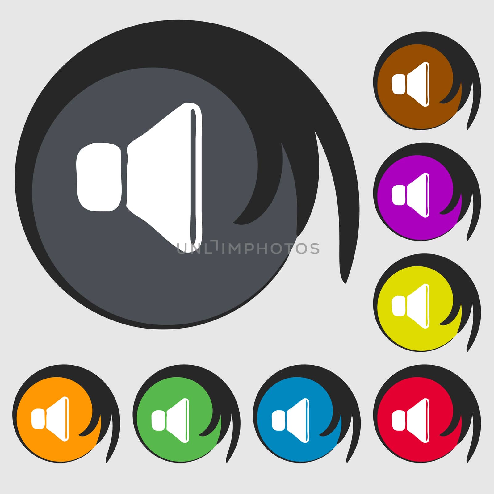 volume, sound icon sign. Symbol on eight colored buttons.  by serhii_lohvyniuk