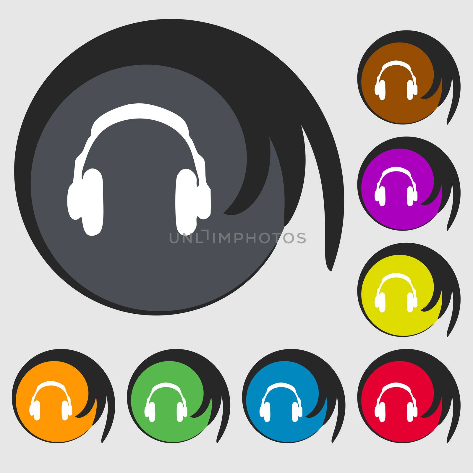 headsets icon sign. Symbol on eight colored buttons. illustration