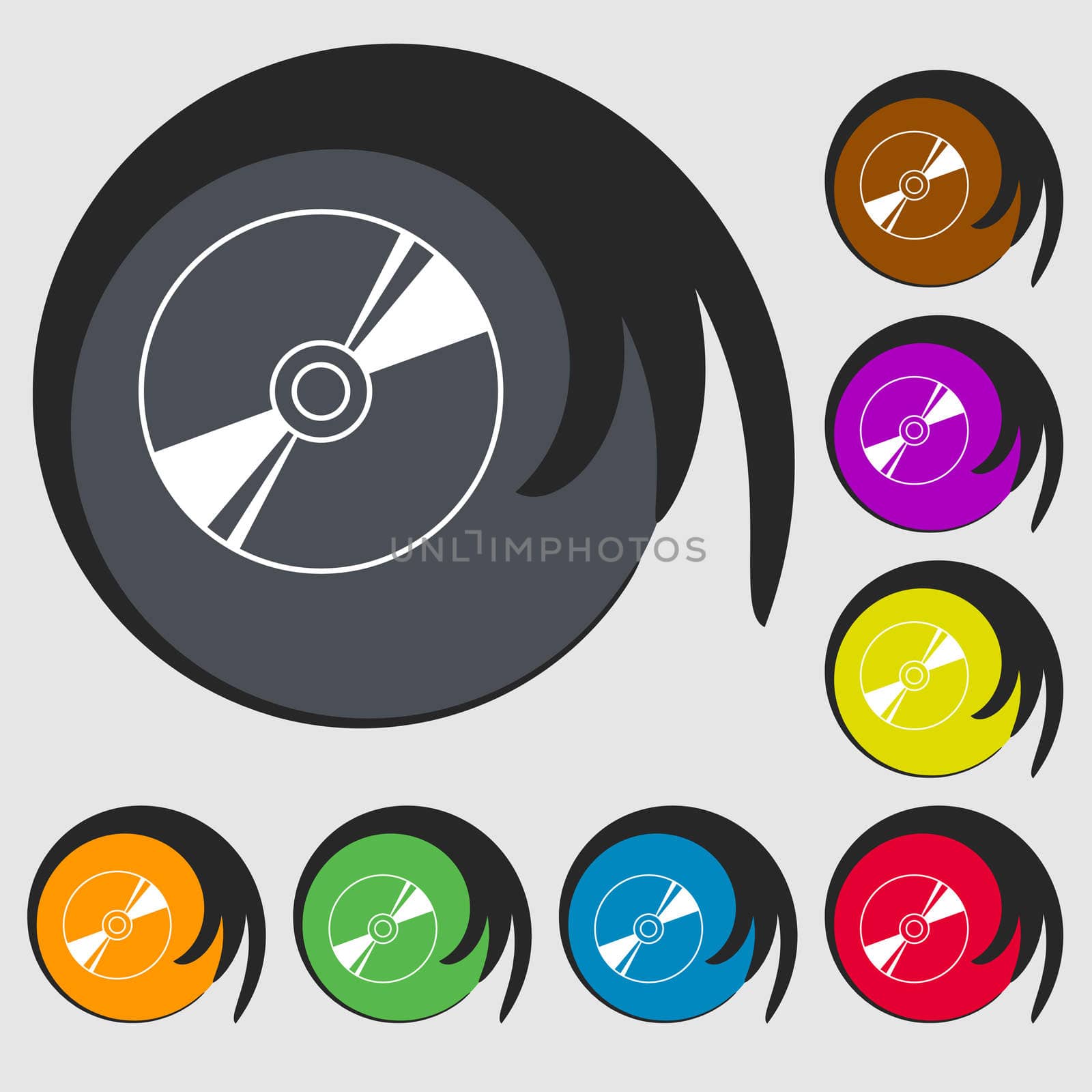 Cd, DVD, compact disk, blue ray icon sign. Symbol on eight colored buttons.  by serhii_lohvyniuk