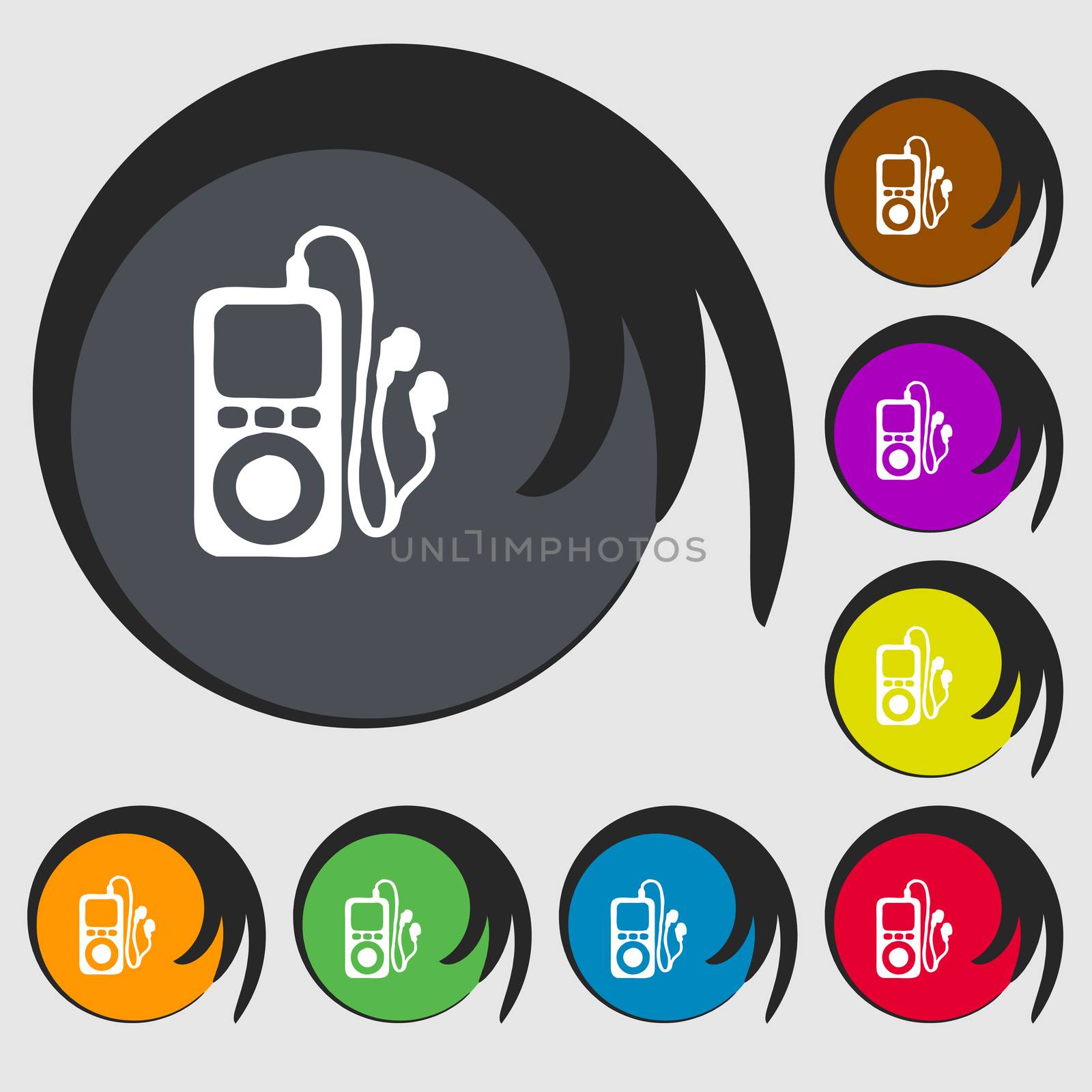 MP3 player, headphones, music icon sign. Symbol on eight colored buttons. illustration