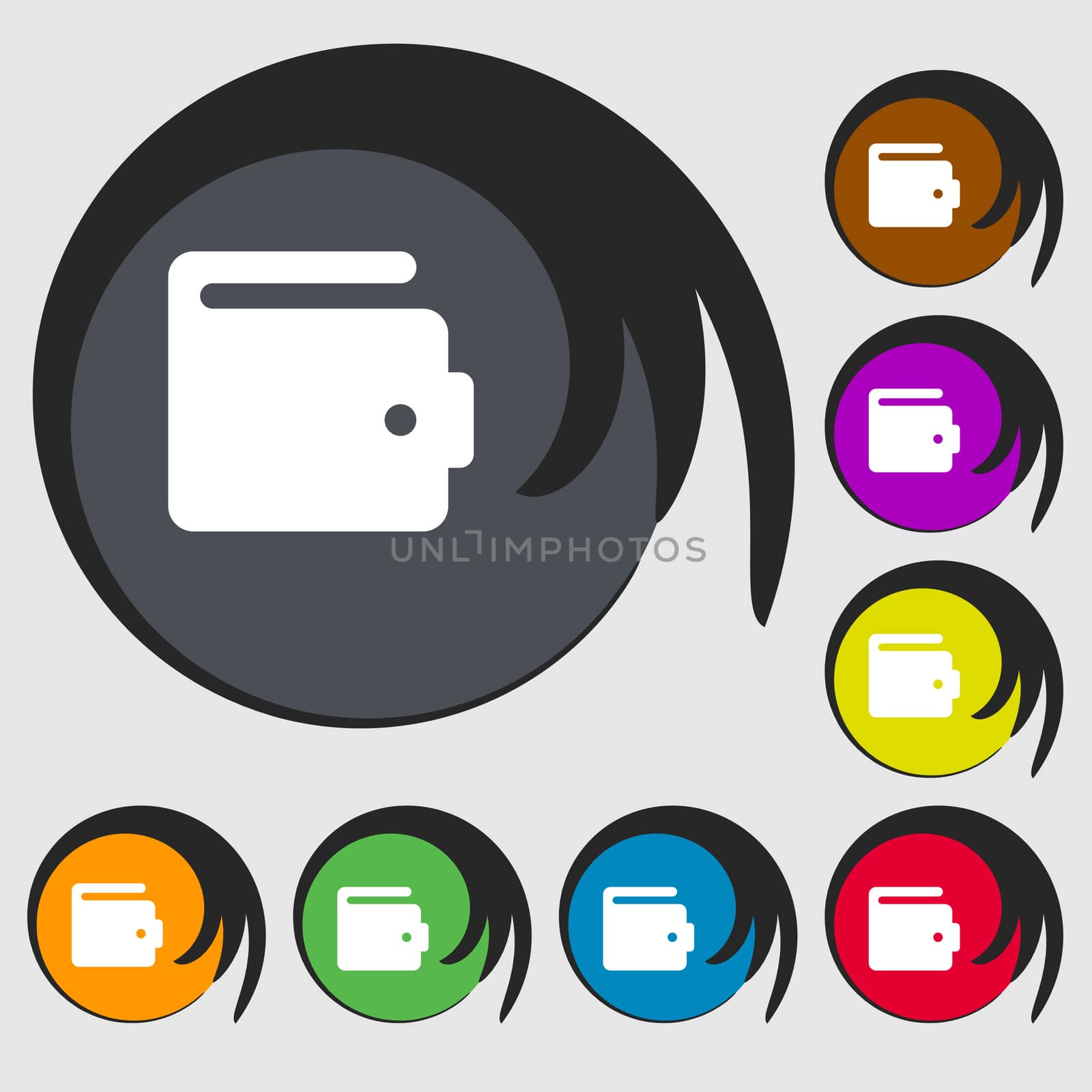 purse icon sign. Symbol on eight colored buttons. illustration