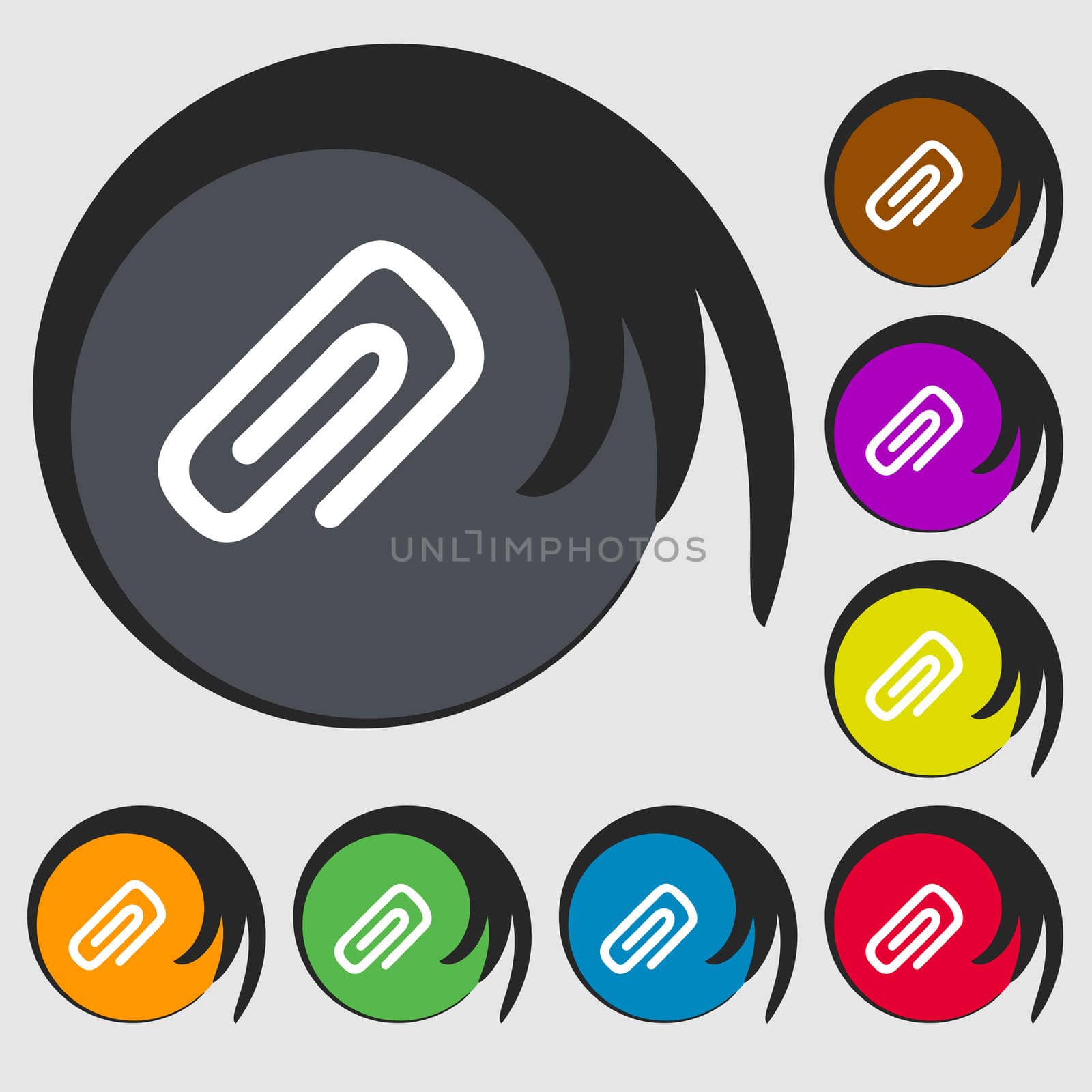 clip to paper icon sign. Symbol on eight colored buttons.  by serhii_lohvyniuk