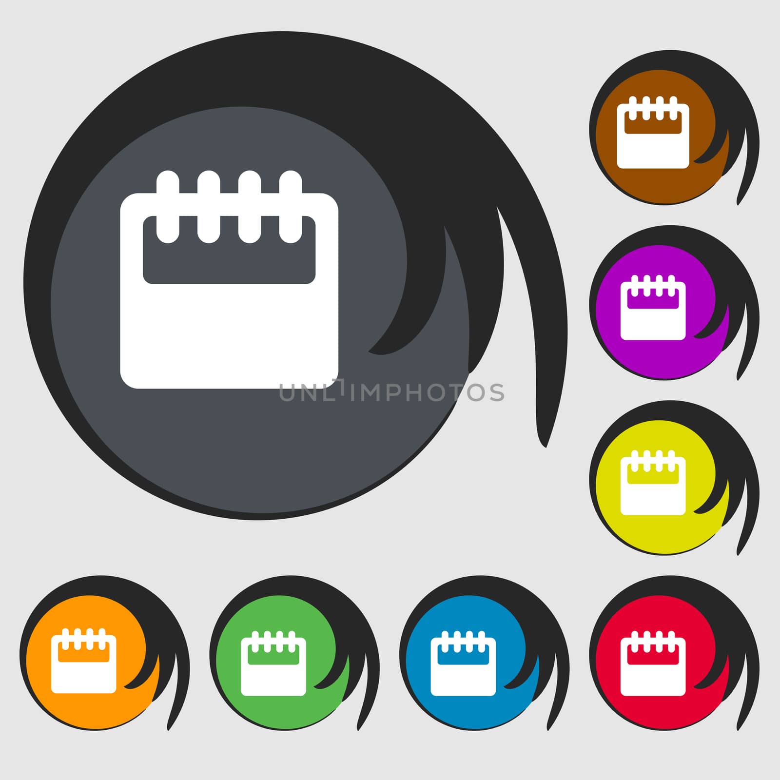 Notepad, calendar icon sign. Symbol on eight colored buttons. illustration