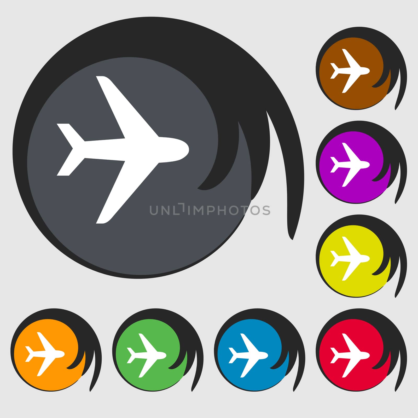 Plane icon sign. Symbol on eight colored buttons.  by serhii_lohvyniuk