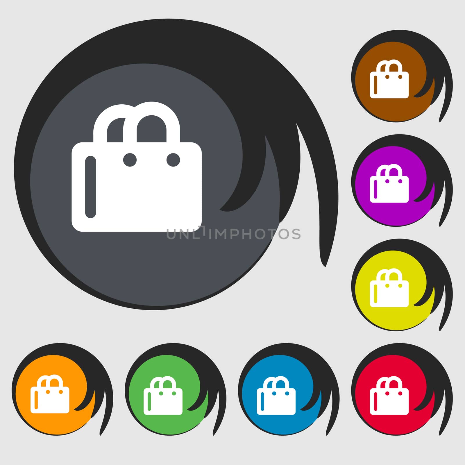 shopping bag icon sign. Symbol on eight colored buttons. illustration