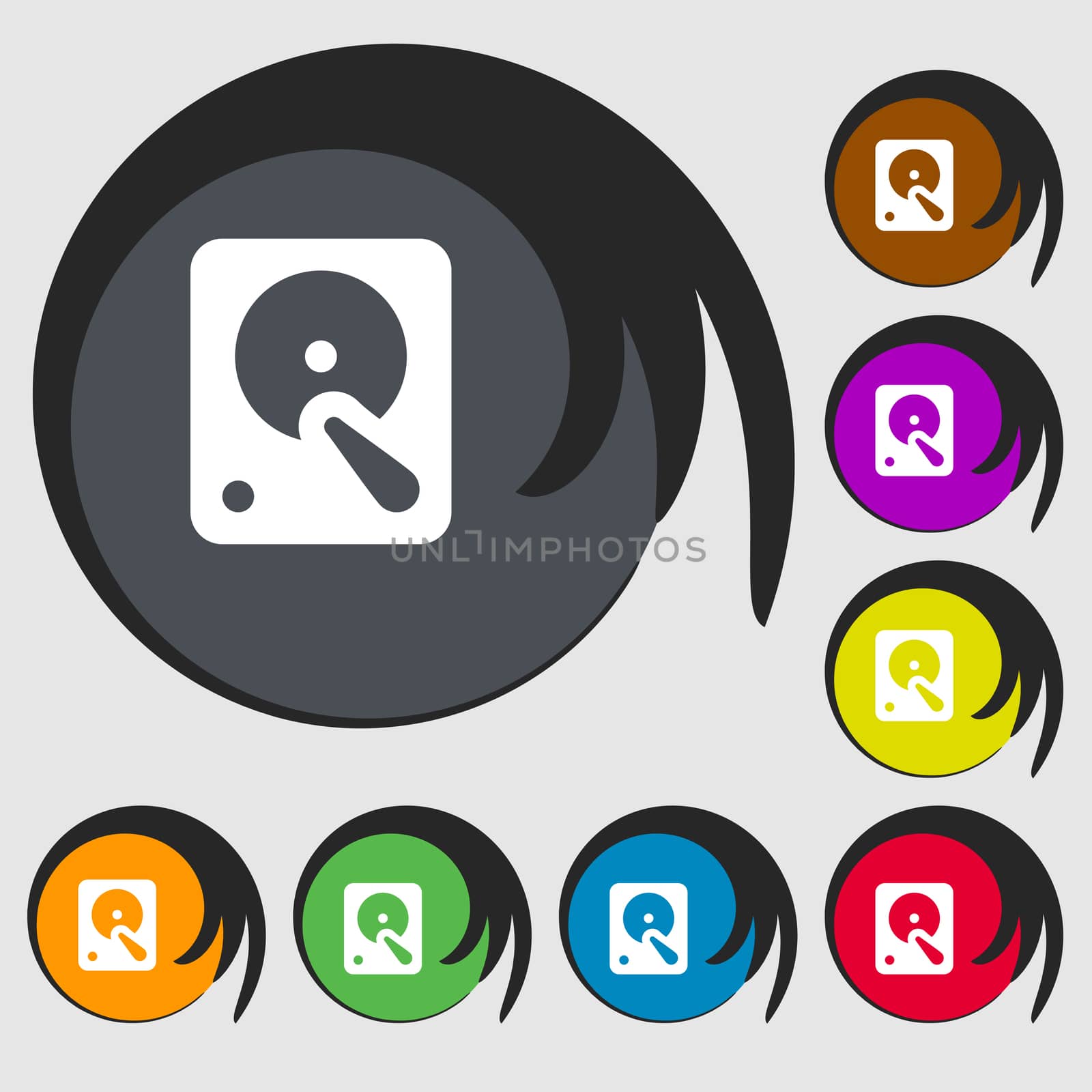hard disk icon sign. Symbol on eight colored buttons. illustration