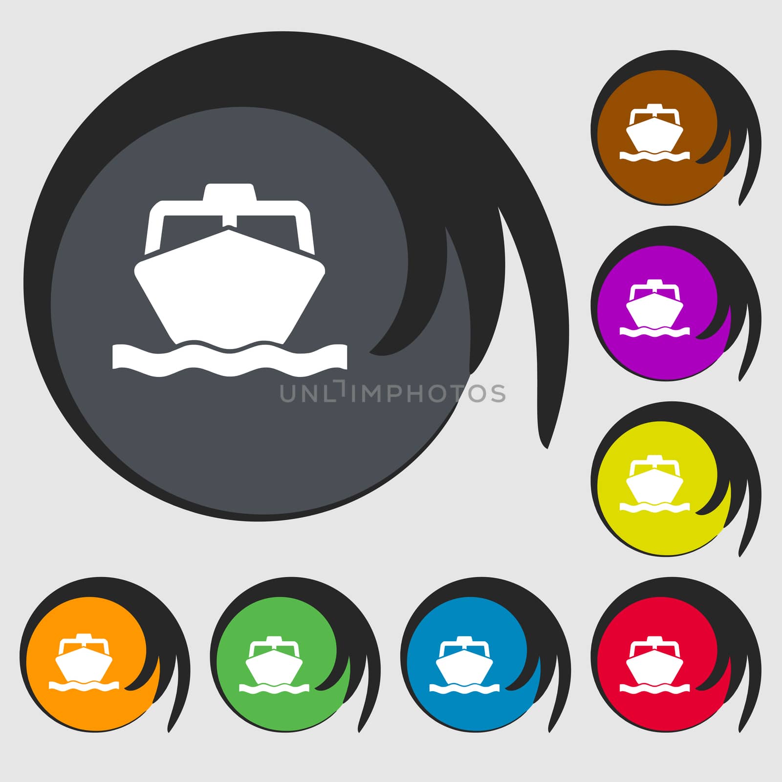 the boat icon sign. Symbol on eight colored buttons.  by serhii_lohvyniuk