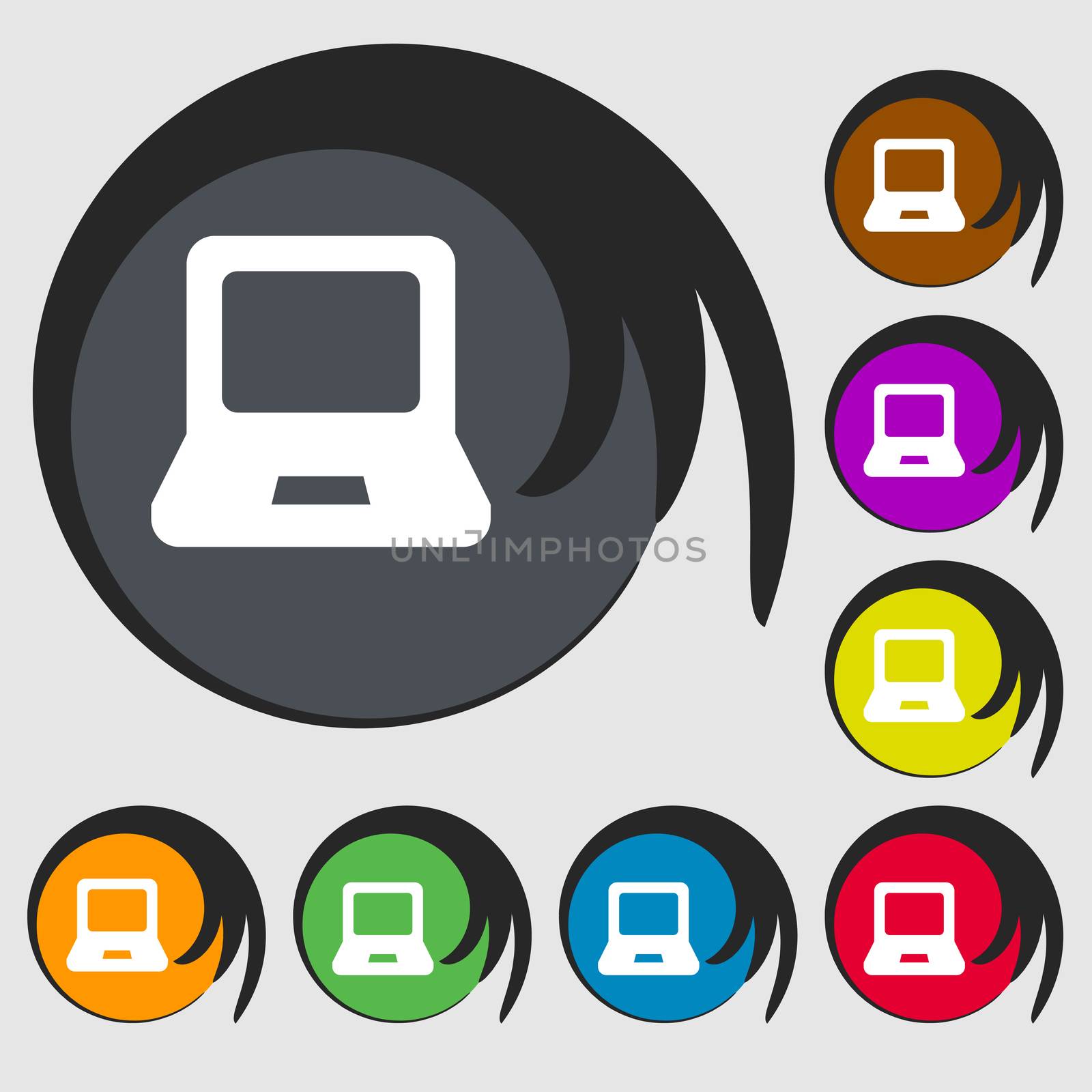 Laptop icon sign. Symbol on eight colored buttons.  by serhii_lohvyniuk