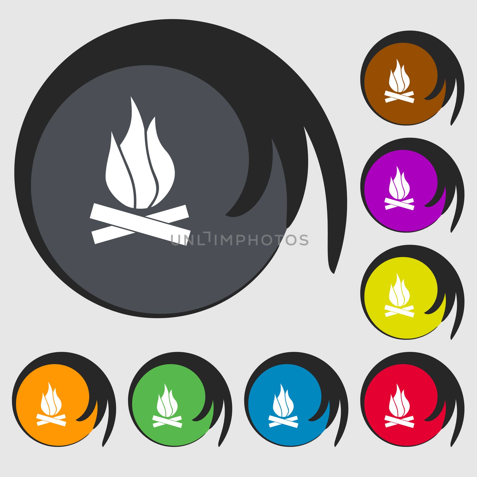 A fire icon sign. Symbol on eight colored buttons.  by serhii_lohvyniuk