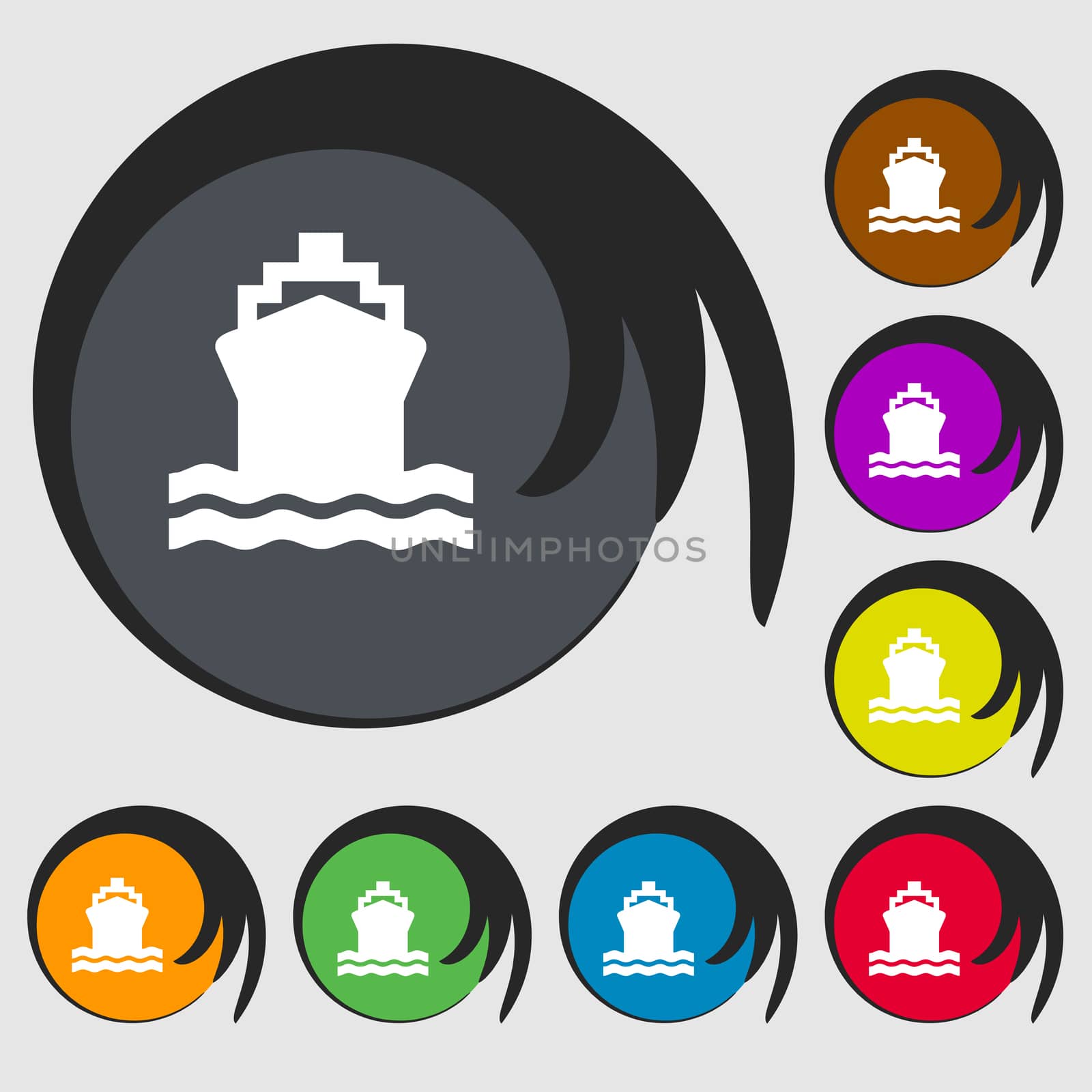ship icon sign. Symbol on eight colored buttons. illustration