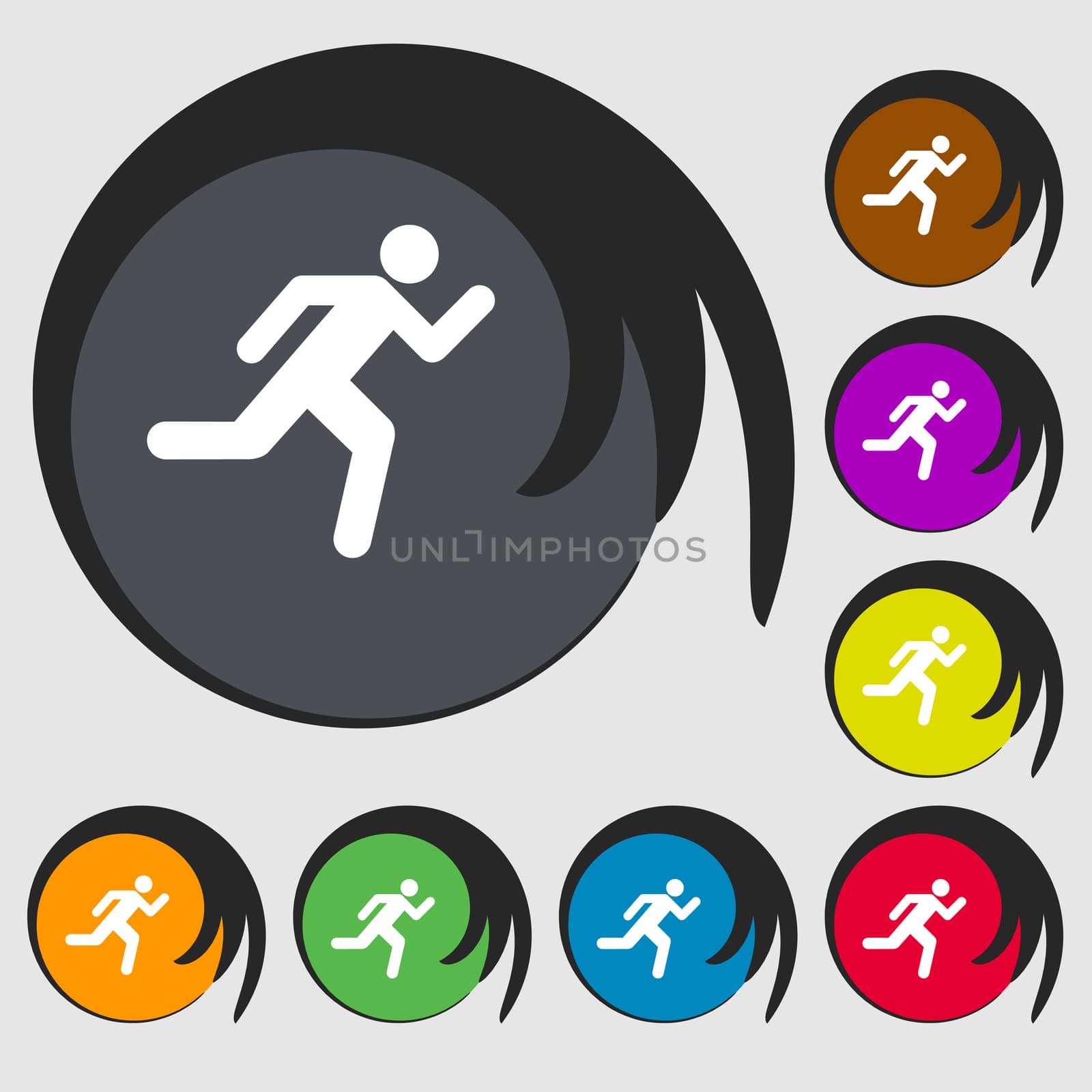 running man icon sign. Symbol on eight colored buttons.  by serhii_lohvyniuk