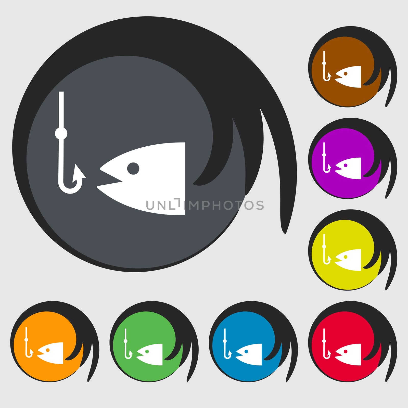 Fishing icon sign. Symbol on eight colored buttons.  by serhii_lohvyniuk