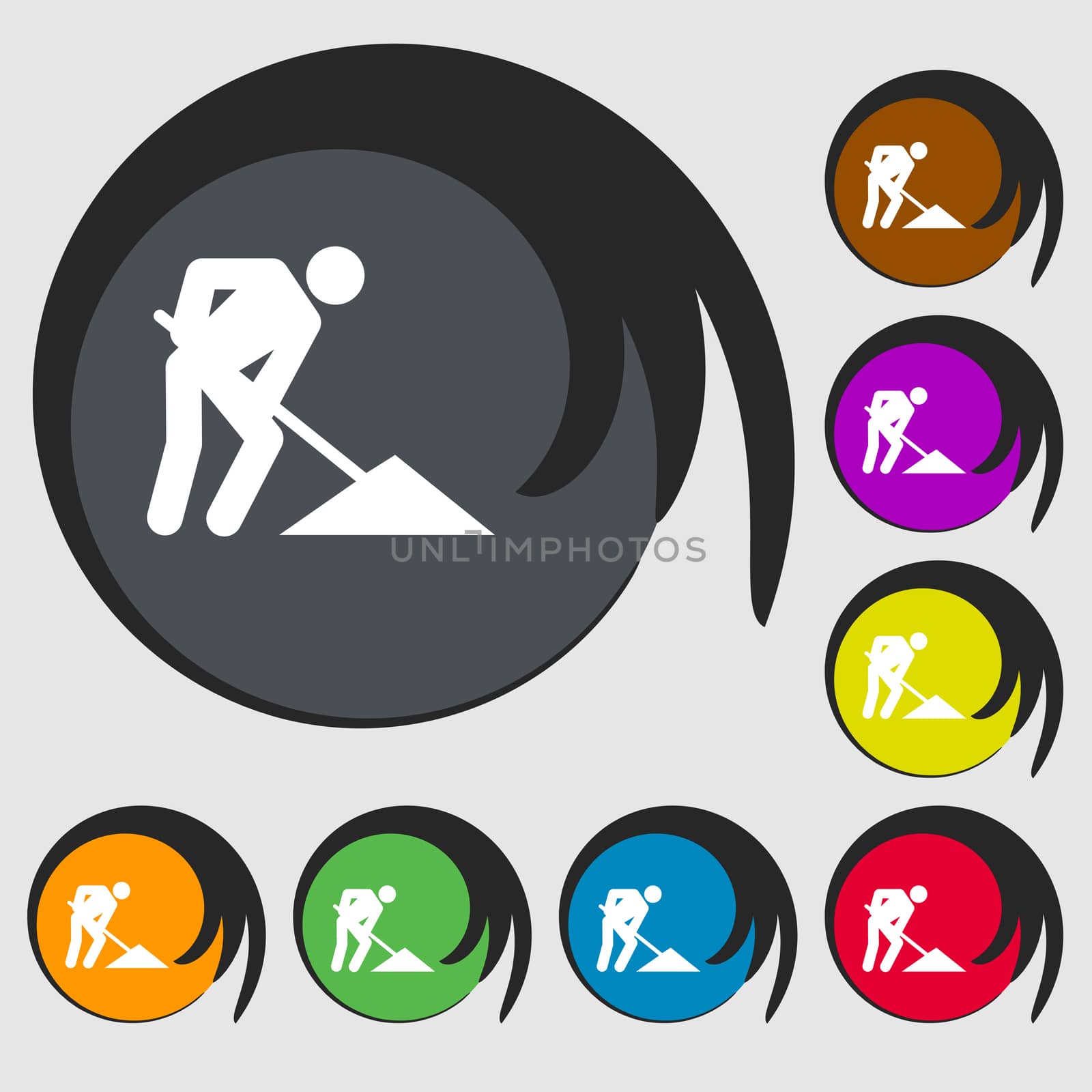 repair of road, construction work icon sign. Symbol on eight colored buttons.  by serhii_lohvyniuk