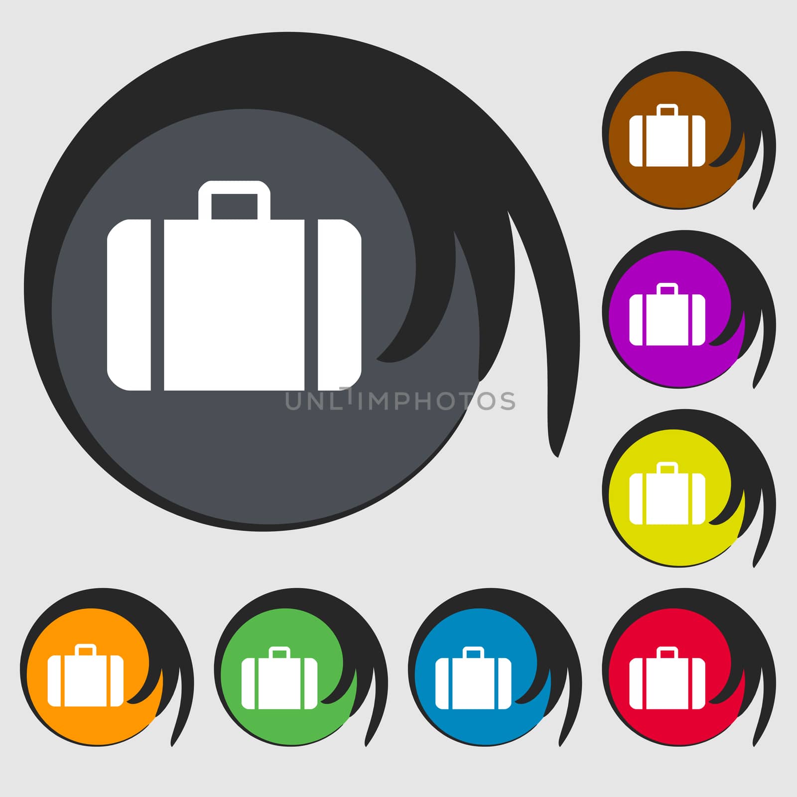suitcase icon sign. Symbol on eight colored buttons. illustration