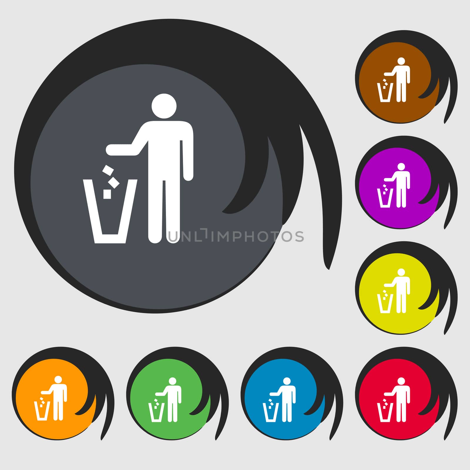 throw away the trash icon sign. Symbol on eight colored buttons. illustration