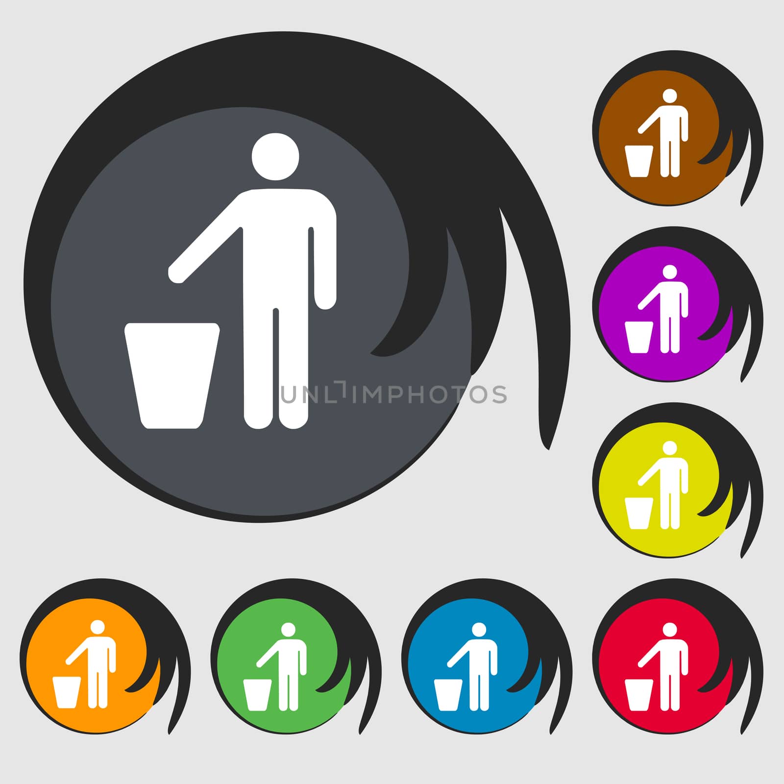 throw away the trash icon sign. Symbol on eight colored buttons. illustration
