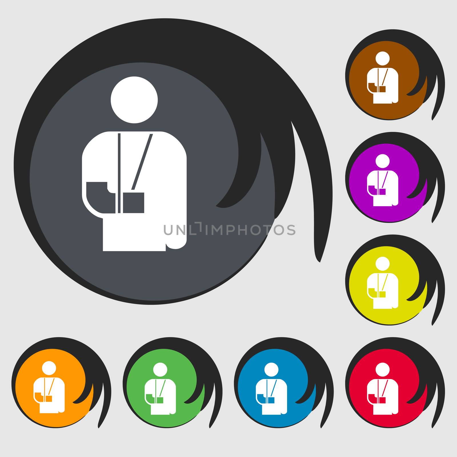 broken arm, disability icon sign. Symbol on eight colored buttons. illustration