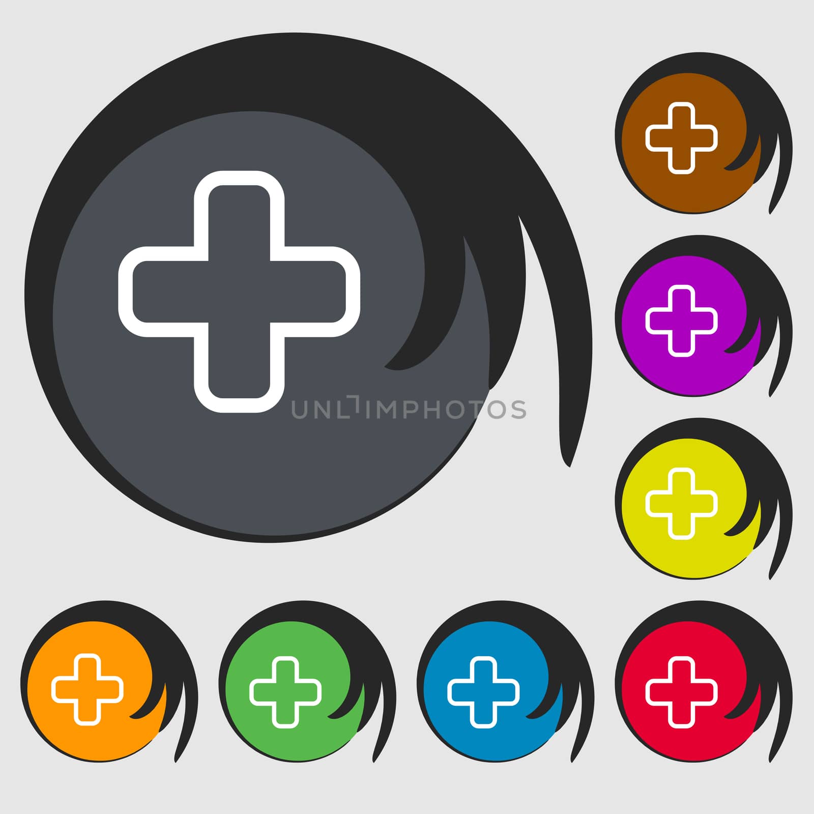 Plus icon sign. Symbol on eight colored buttons.  by serhii_lohvyniuk