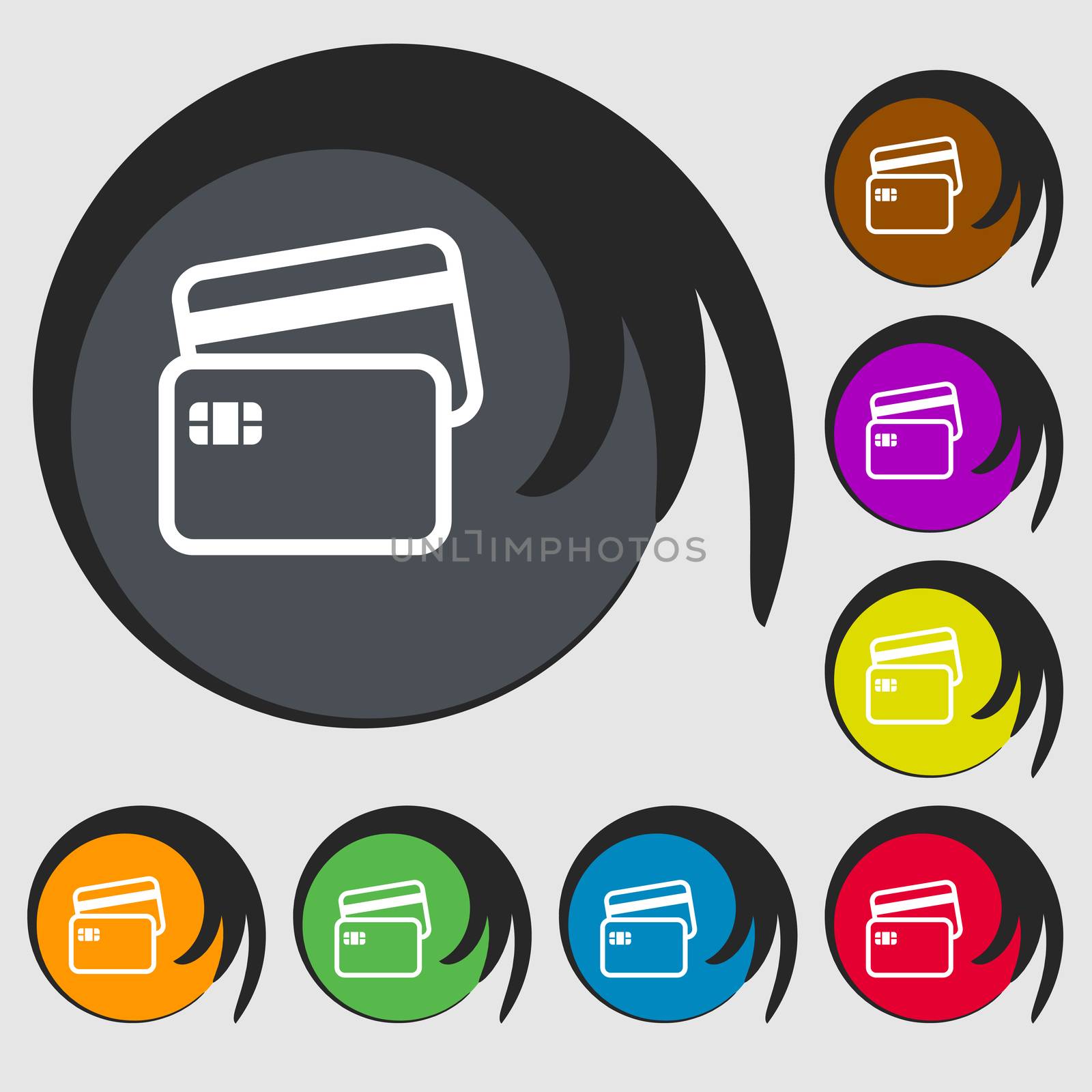 Credit card icon sign. Symbol on eight colored buttons.  by serhii_lohvyniuk