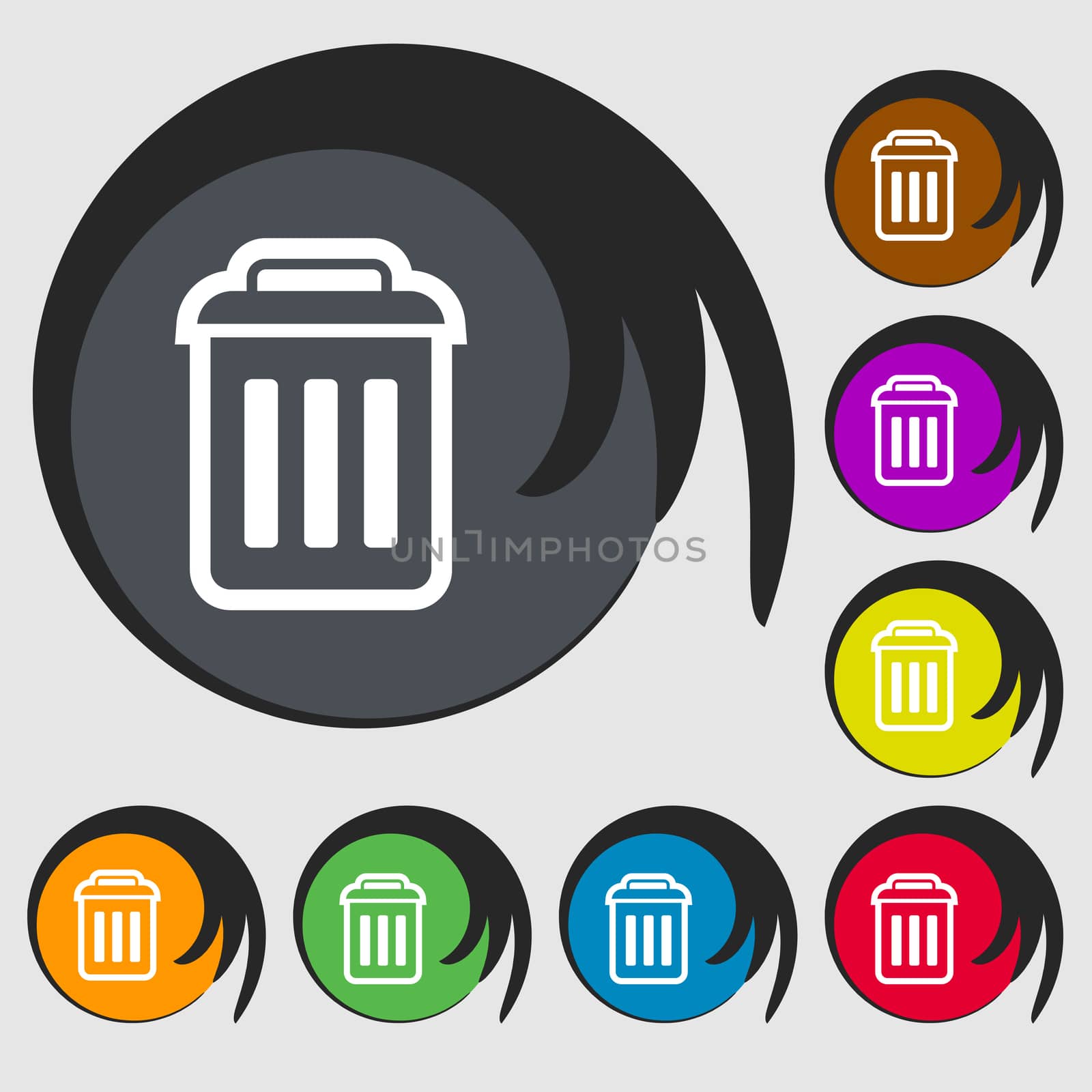 the trash icon sign. Symbol on eight colored buttons.  by serhii_lohvyniuk