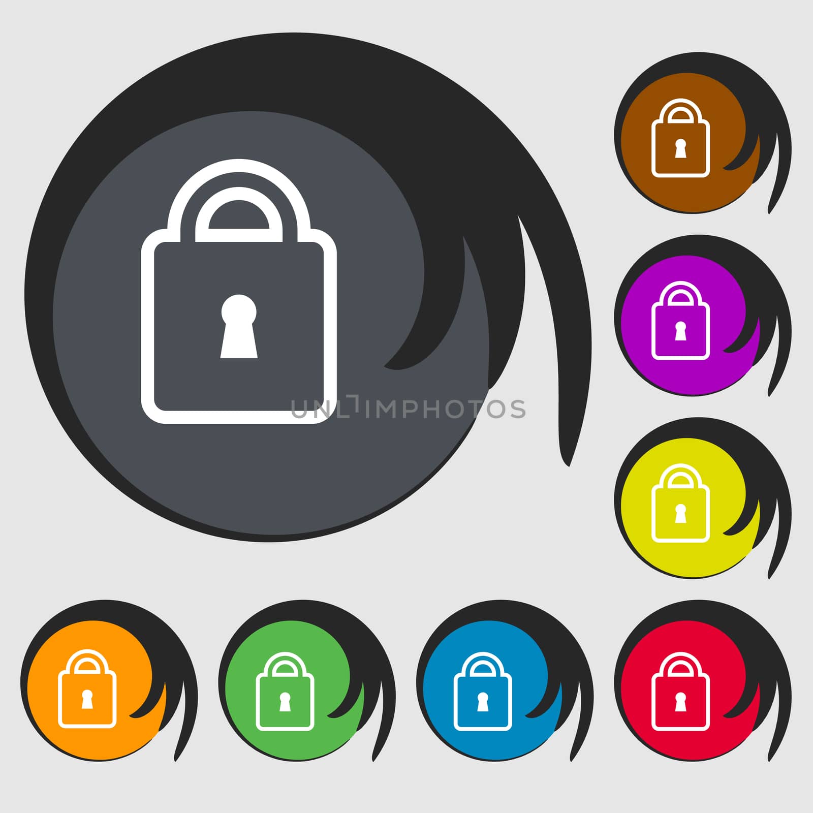 Lock icon sign. Symbol on eight colored buttons.  by serhii_lohvyniuk
