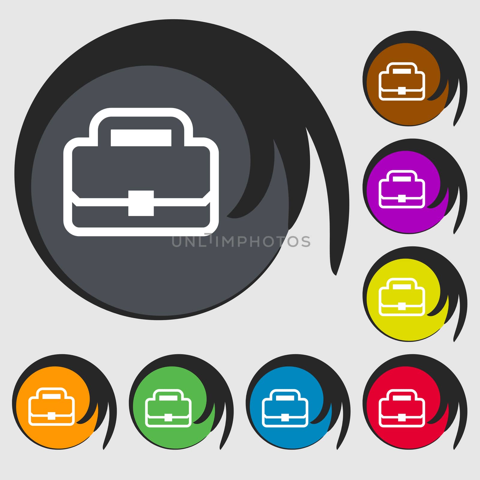 Briefcase icon sign. Symbol on eight colored buttons. illustration
