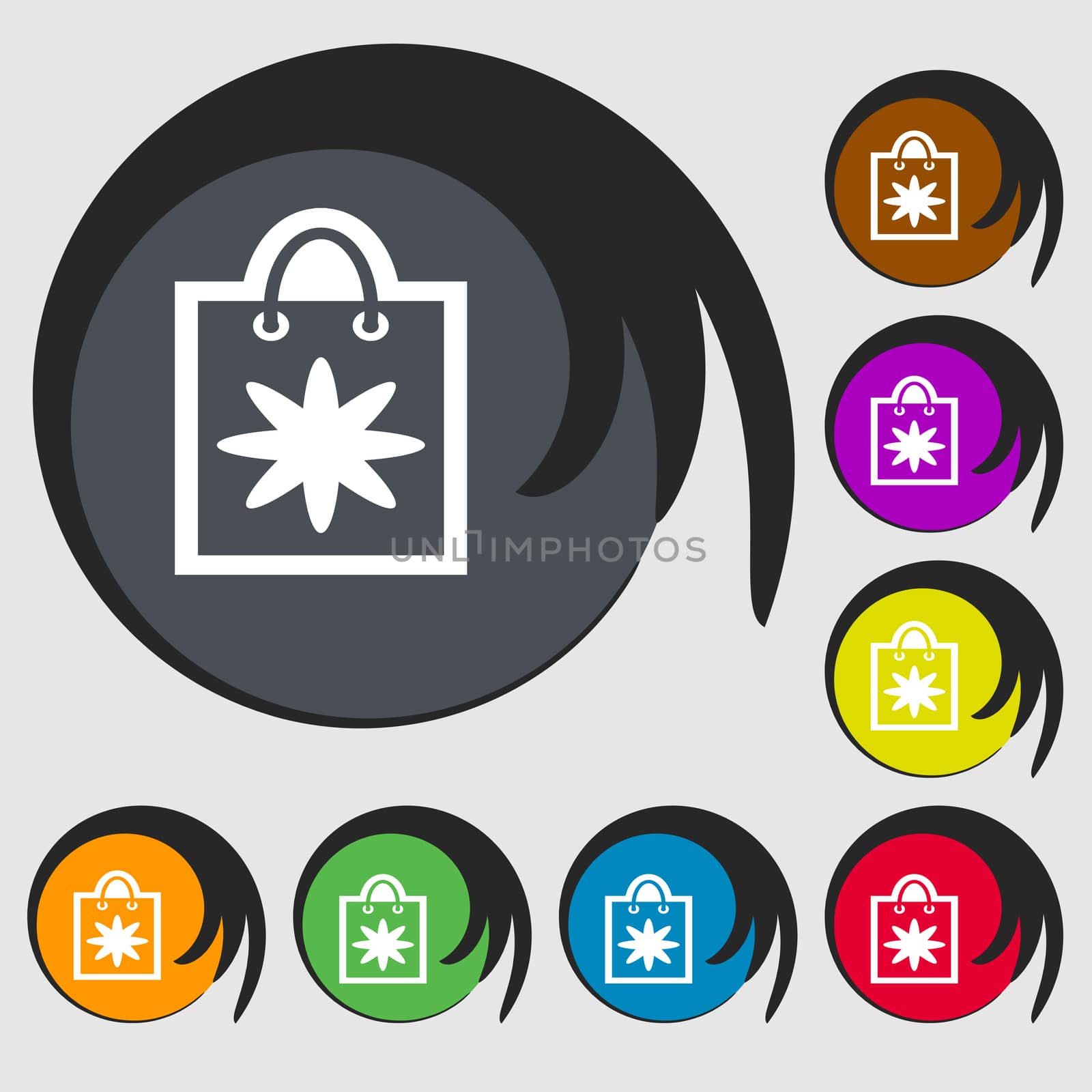 shopping bag icon sign. Symbol on eight colored buttons. illustration