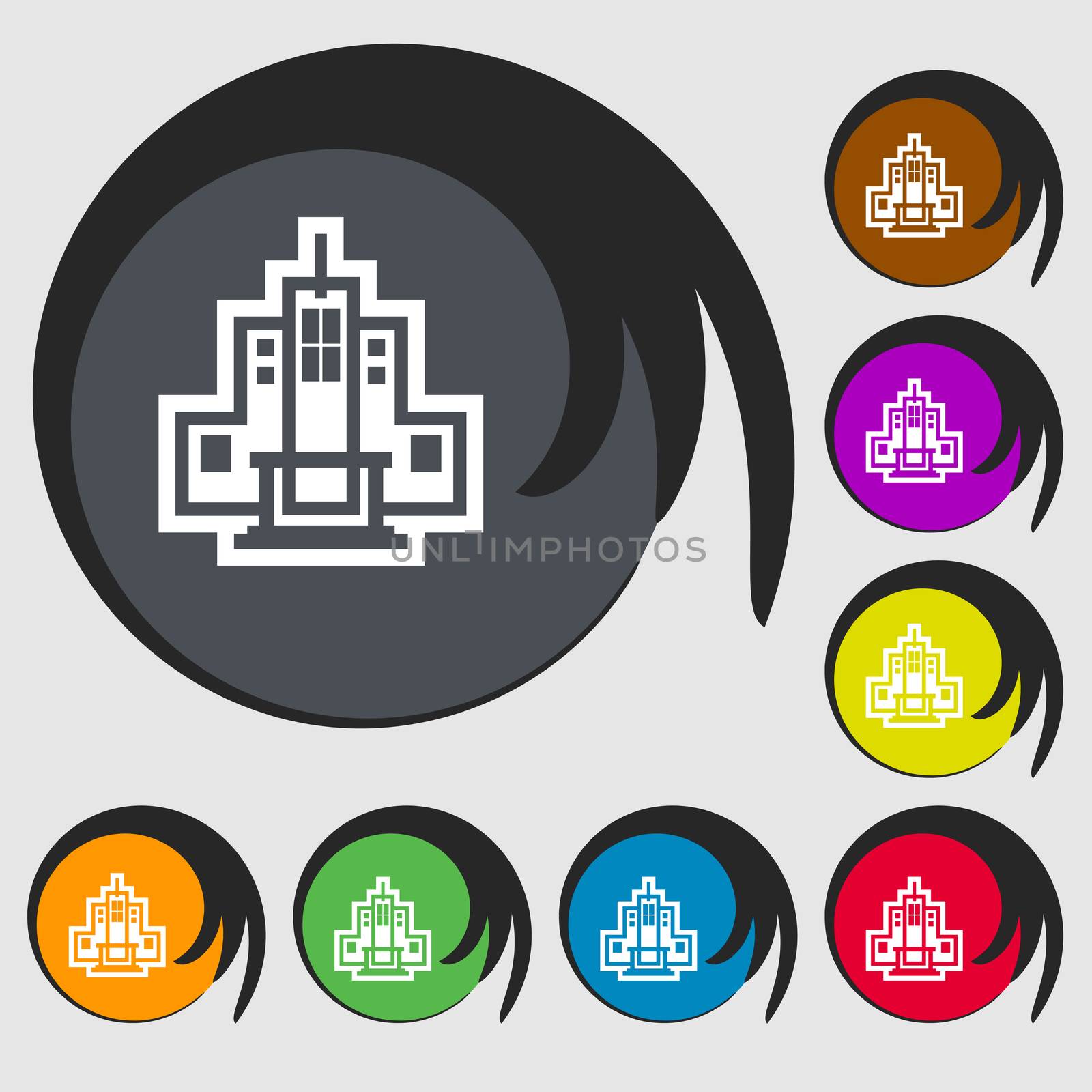 skyscraper icon sign. Symbol on eight colored buttons. illustration