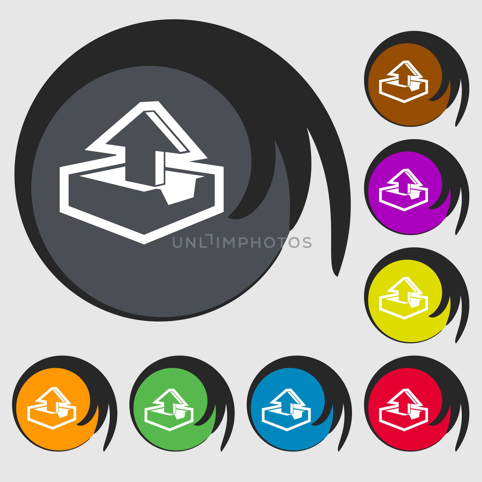 Upload icon sign. Symbol on eight colored buttons.  by serhii_lohvyniuk