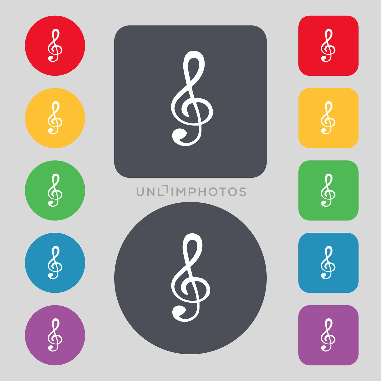 Music note sign icon. Musical symbol. Set colourful buttons. illustration