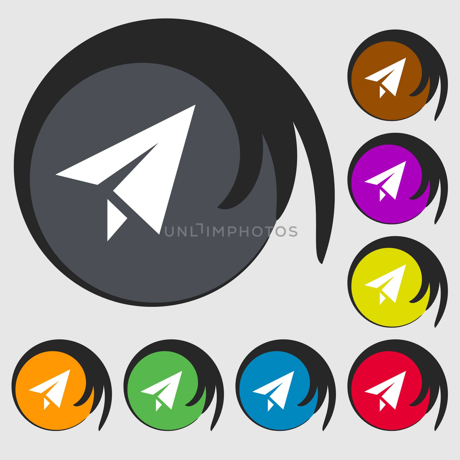 Paper airplane icon sign. Symbol on eight colored buttons.  by serhii_lohvyniuk