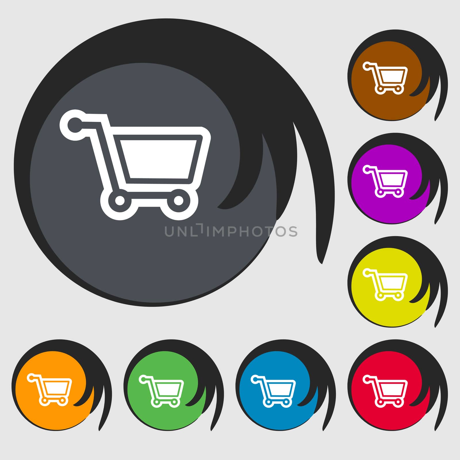 shopping cart icon sign. Symbol on eight colored buttons. illustration