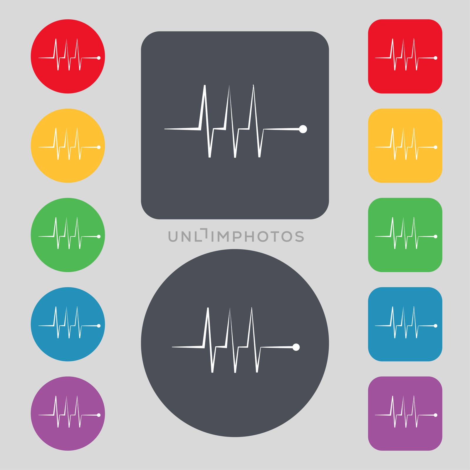 Cardiogram monitoring sign icon. Heart beats symbol. Set colourful buttons. illustration