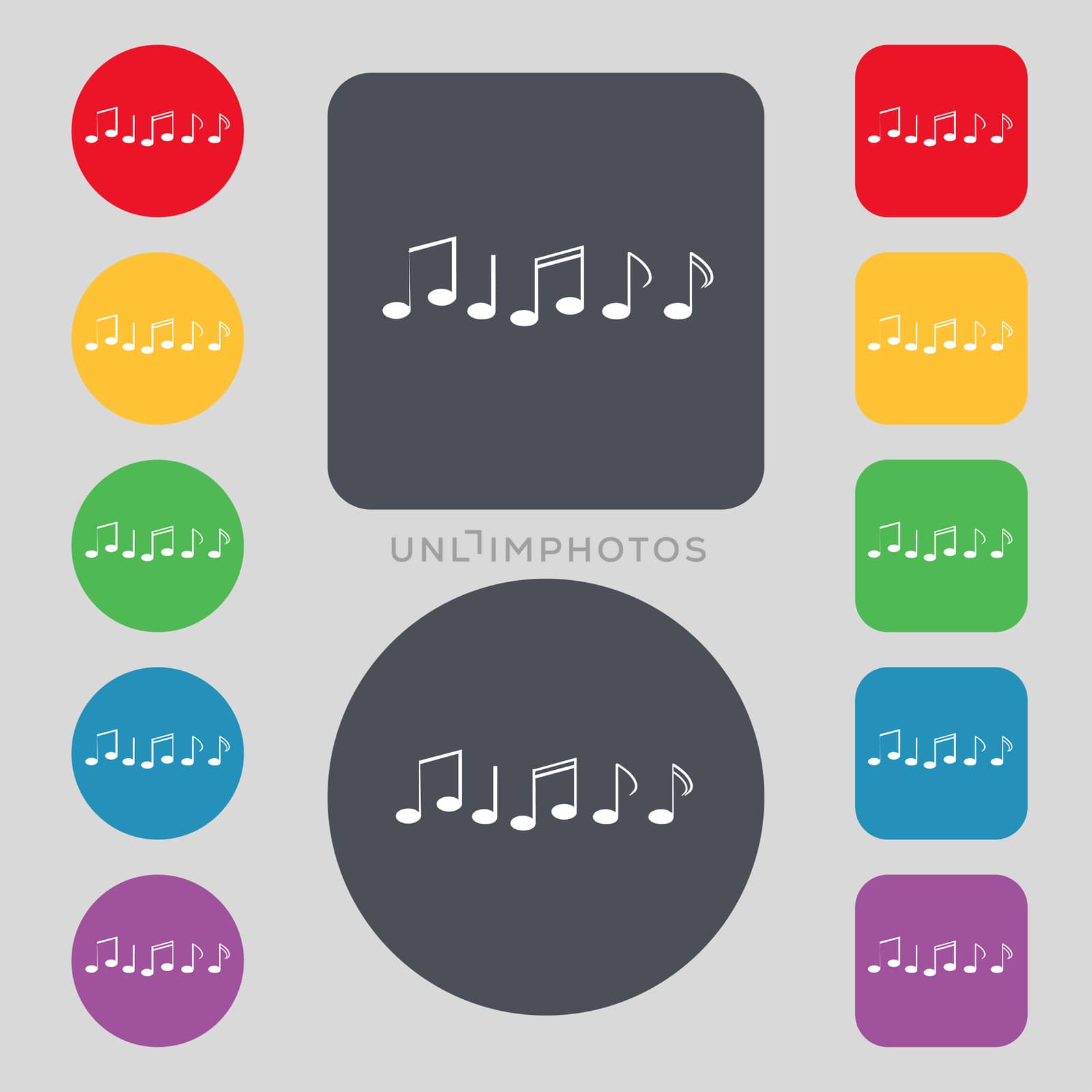 Music note sign icon. Musical symbol. Set colourful buttons. illustration