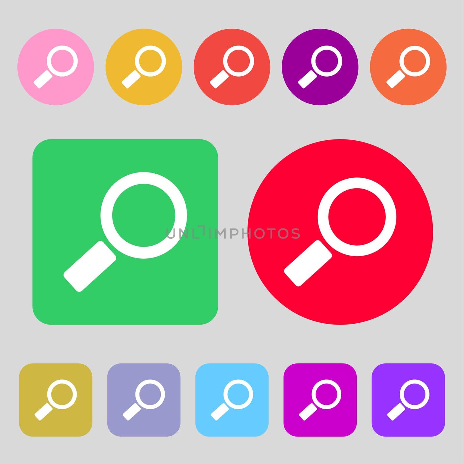 Magnifier glass sign icon. Zoom tool button. Navigation search symbol.12 colored buttons. Flat design. illustration