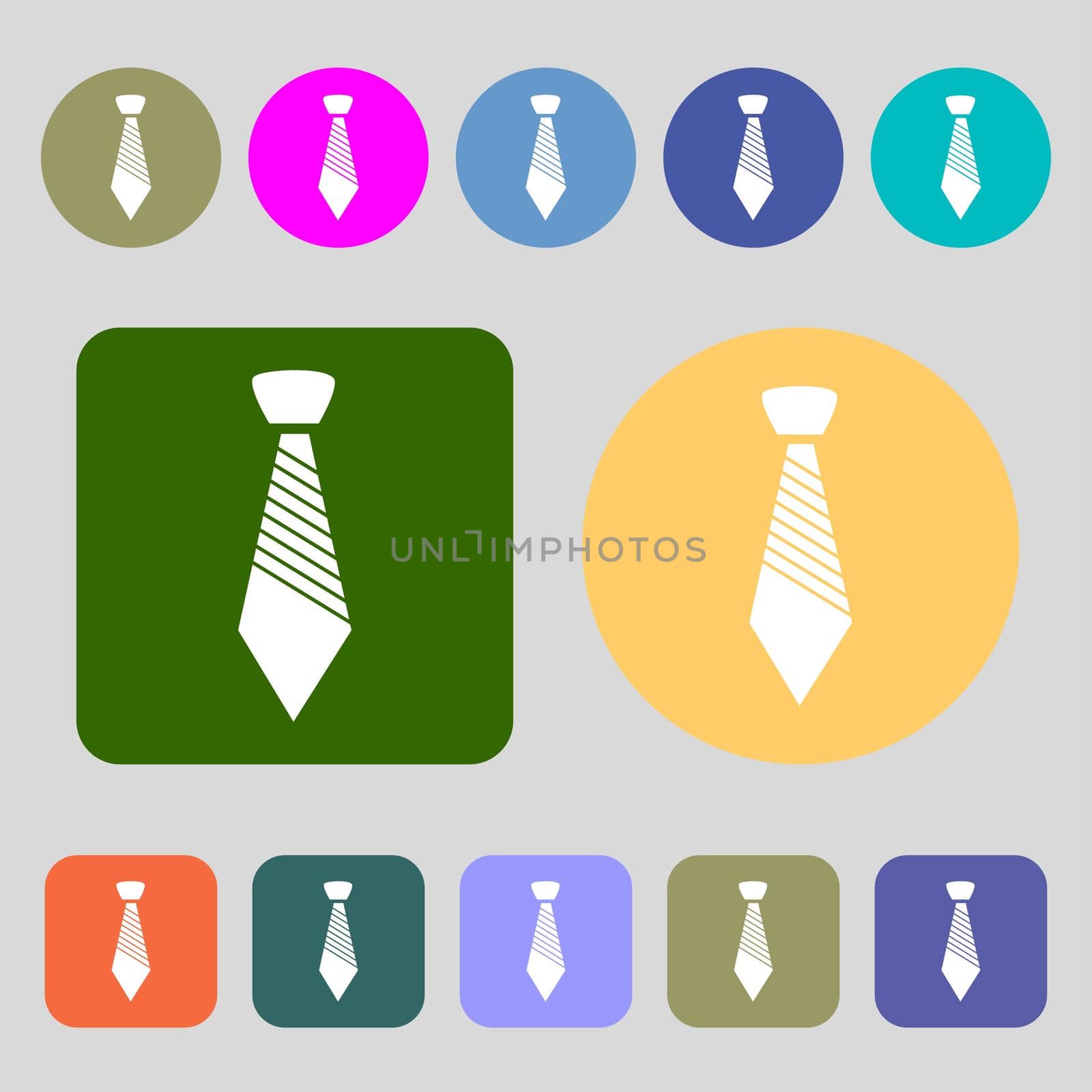Tie sign icon. Business clothes symbol.12 colored buttons. Flat design. illustration