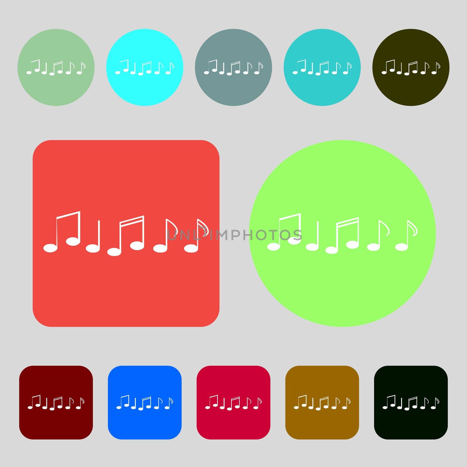 Music note sign icon. Musical symbol.12 colored buttons. Flat design. illustration