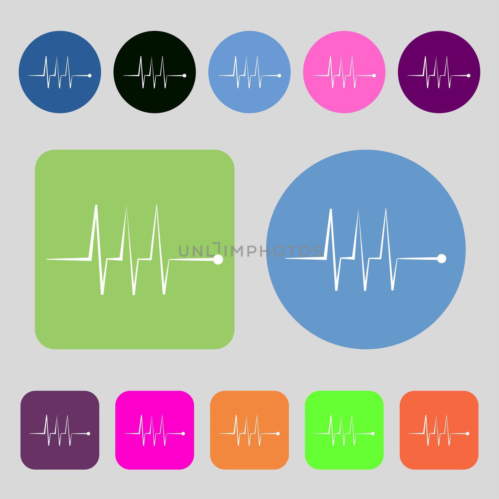 Cardiogram monitoring sign icon. Heart beats symbol.12 colored buttons. Flat design. illustration