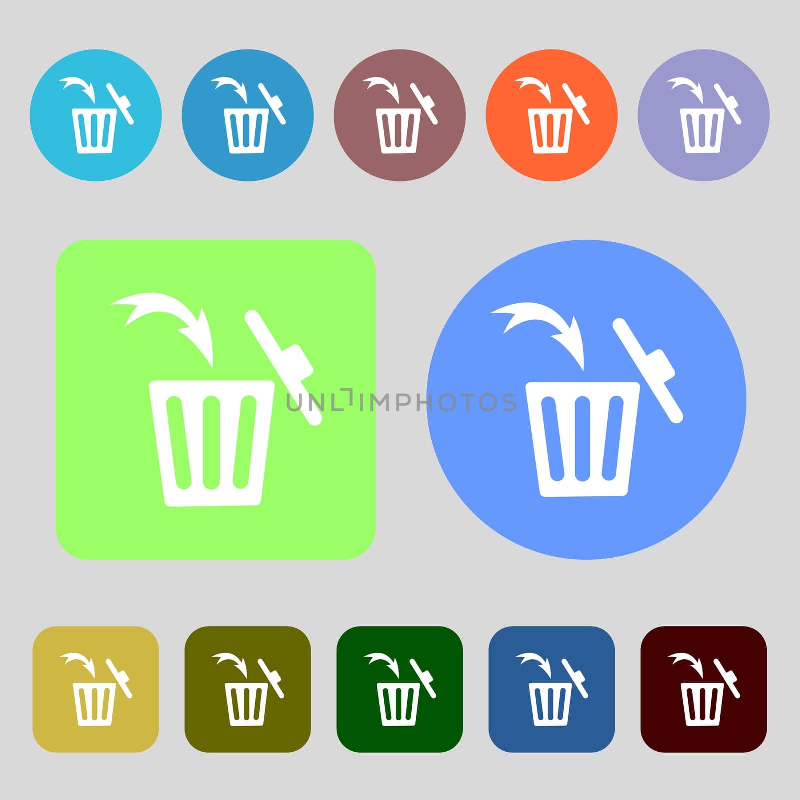 Recycle bin sign icon.12 colored buttons. Flat design. illustration
