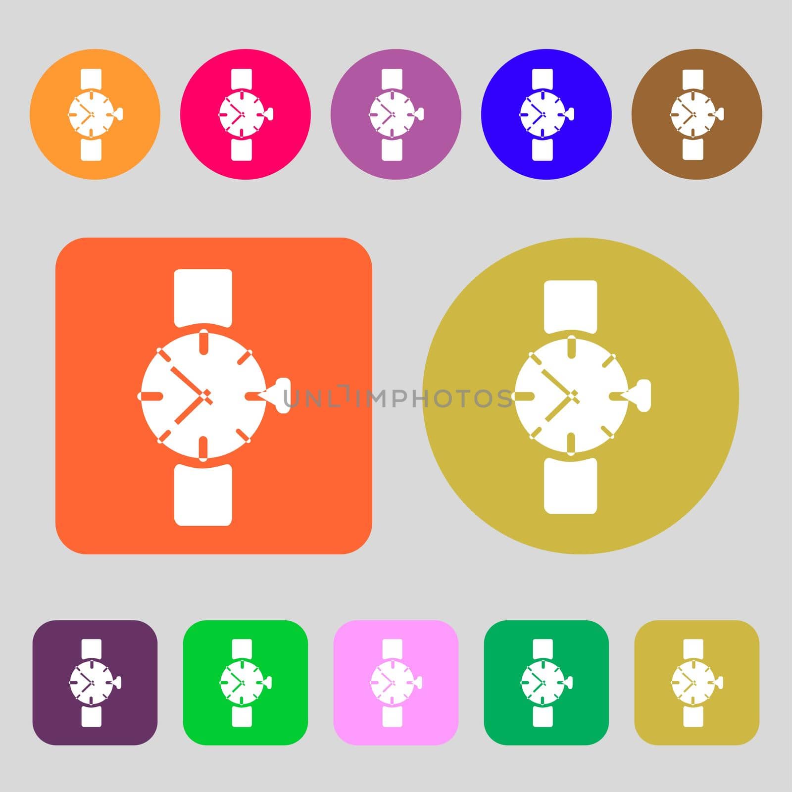 watches icon symbol . 12 colored buttons. Flat design.  by serhii_lohvyniuk