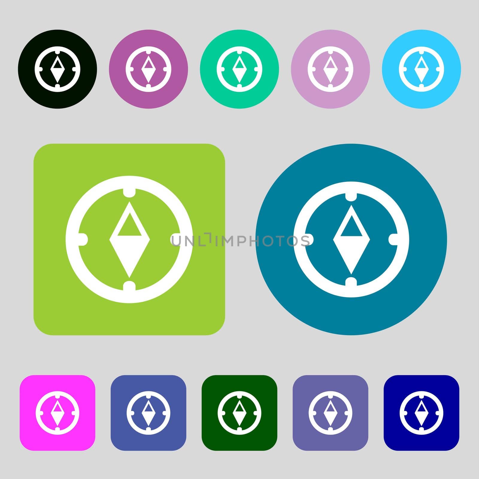 Compass sign icon. Windrose navigation symbol. 12 colored buttons. Flat design.  by serhii_lohvyniuk