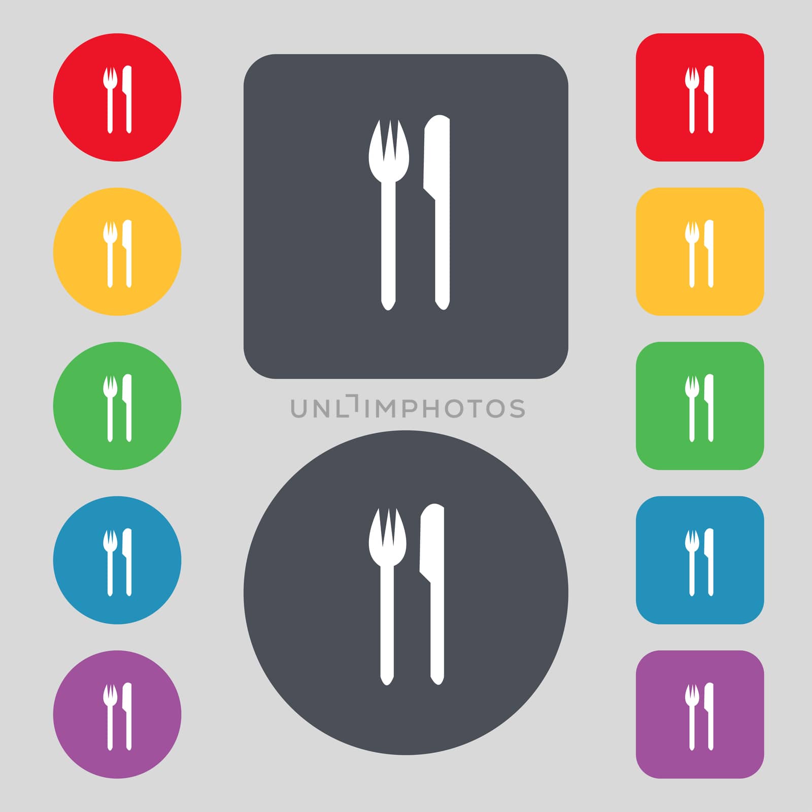 Eat sign icon. Cutlery symbol. Fork and knife. Set colourful buttons  by serhii_lohvyniuk